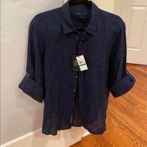 100% Linen Navy Blue mens button down